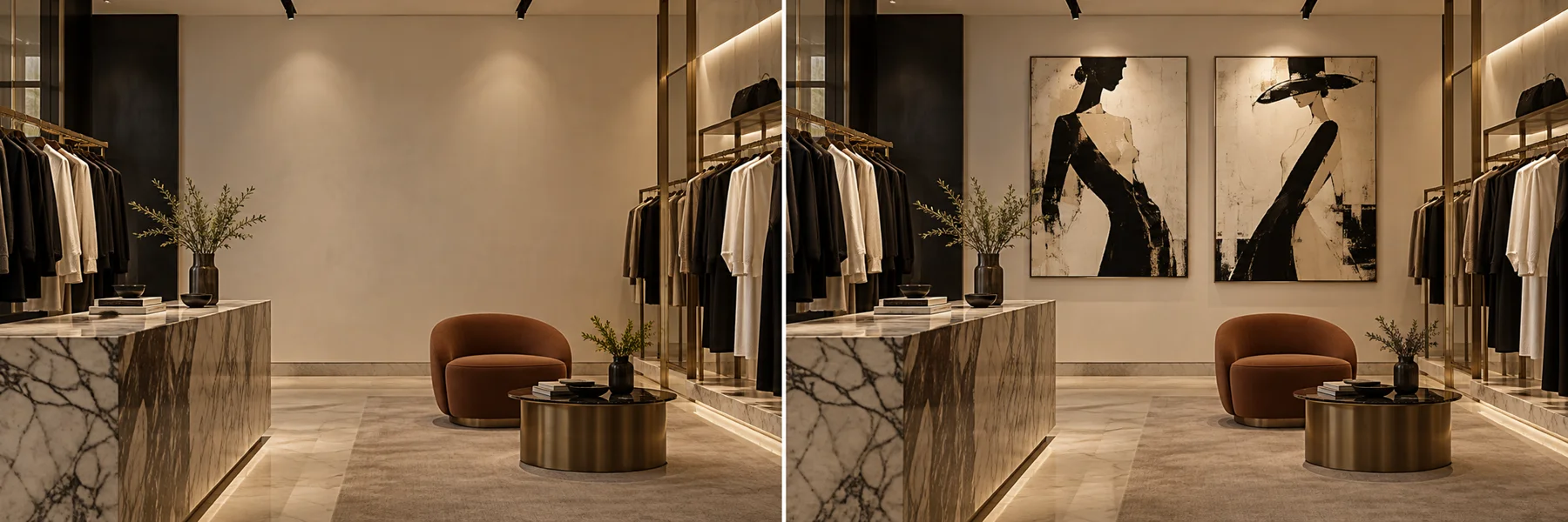 Visualización conceptual del espacio de tiendas y boutiques antes de colocar las obras