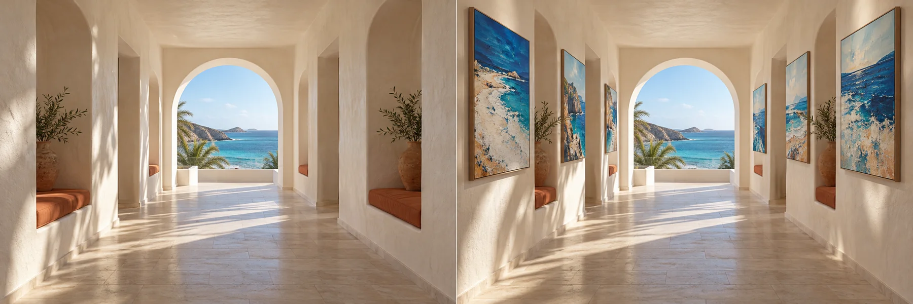 Pasillo de hotel costero con una serie artística exclusiva, espacio antes de incorporar las obras, visualización conceptual