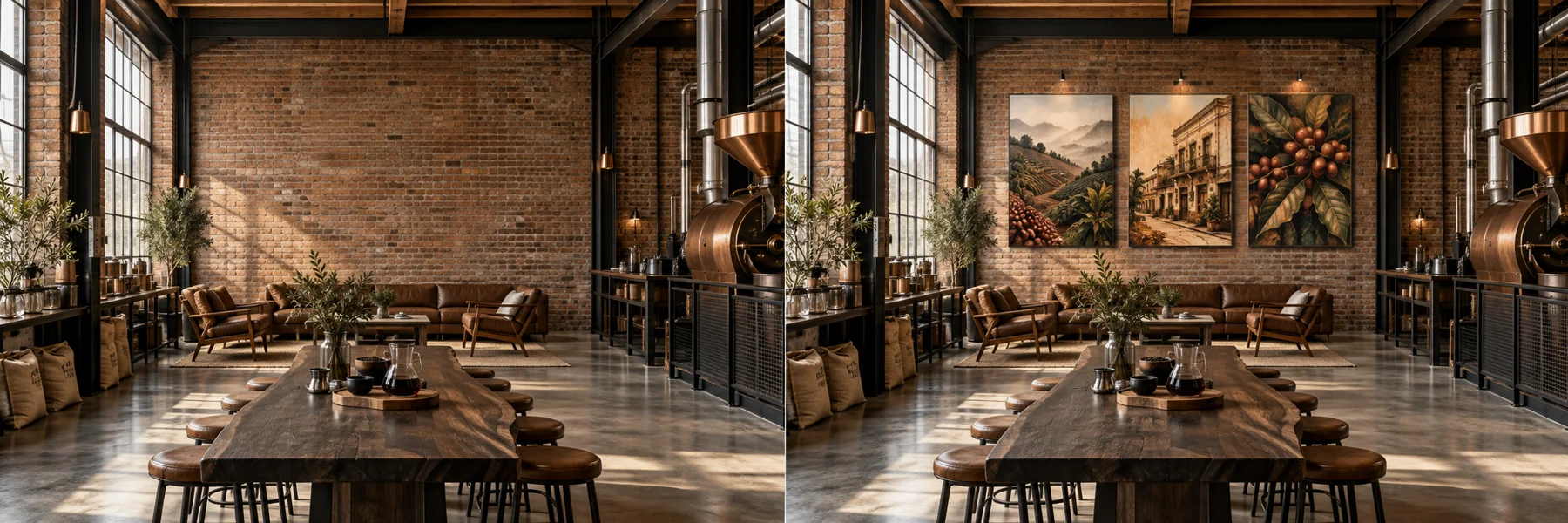 Sala de degustación de una tostadora de café con obras inspiradas en su historia, espacio antes de incorporar las obras, visualización conceptual